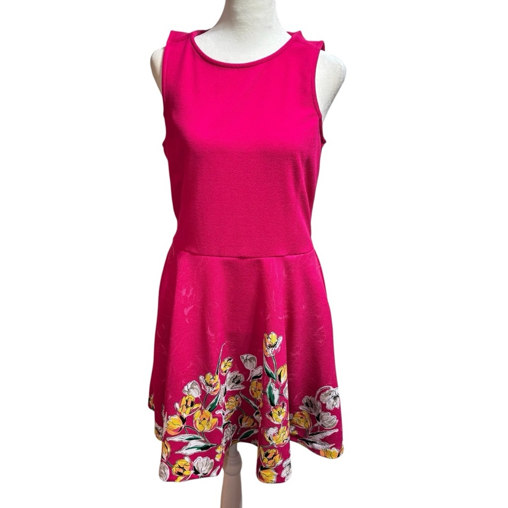 Hot Pink Floral Border‎ Print Fit and Flare Dress Sleeveless Pockets #834